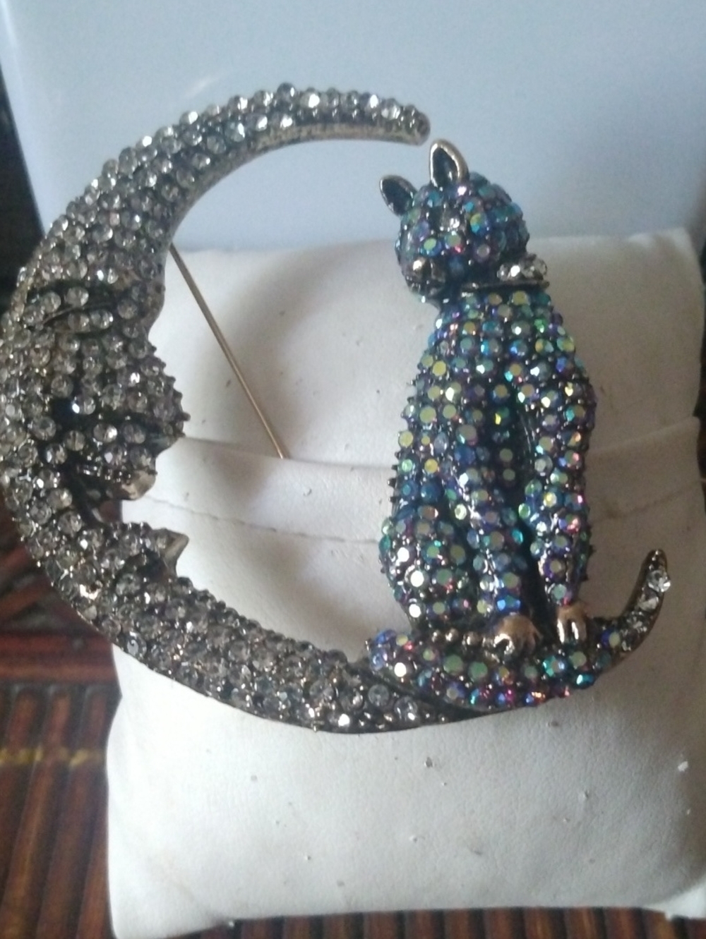 Crystal Cat on Crescent Moon Brooch — Multicolor Sparkle